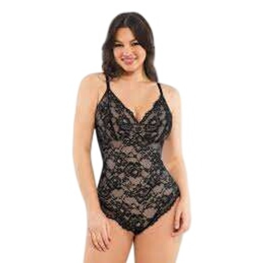 Popilush Bodysuit Womens Medium Black Floral Lace Shapewear Snap Crotch V-Neck